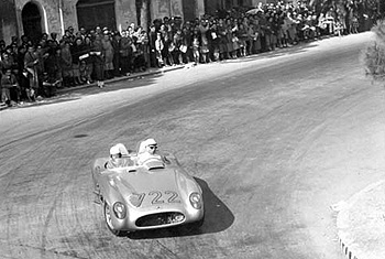Stirling Moss during the 1955 edition of the Mille Miglia